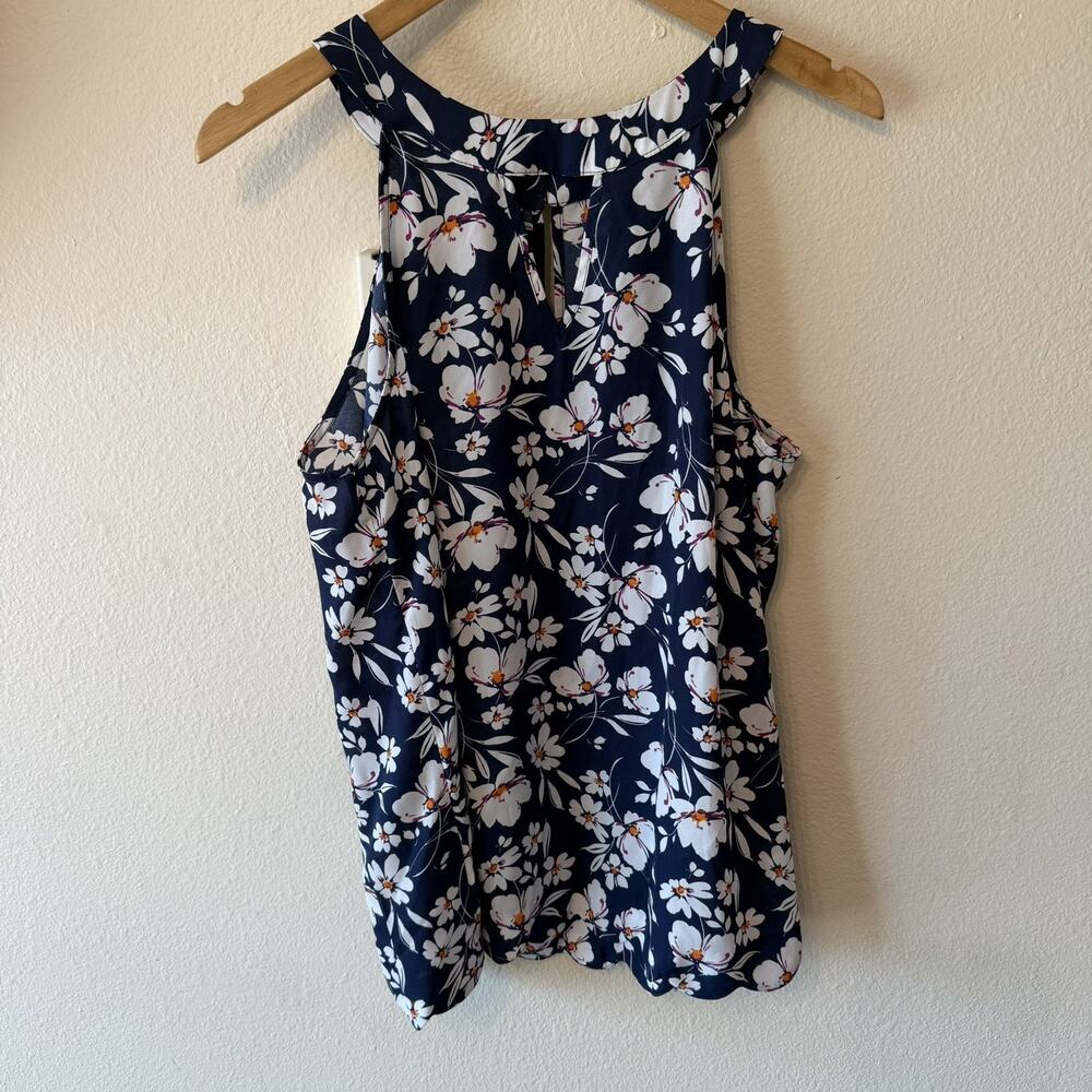 Fortune Ivy Floral Halter Tank Top L Large Blue Scalloped Hem Keyhole Blouse